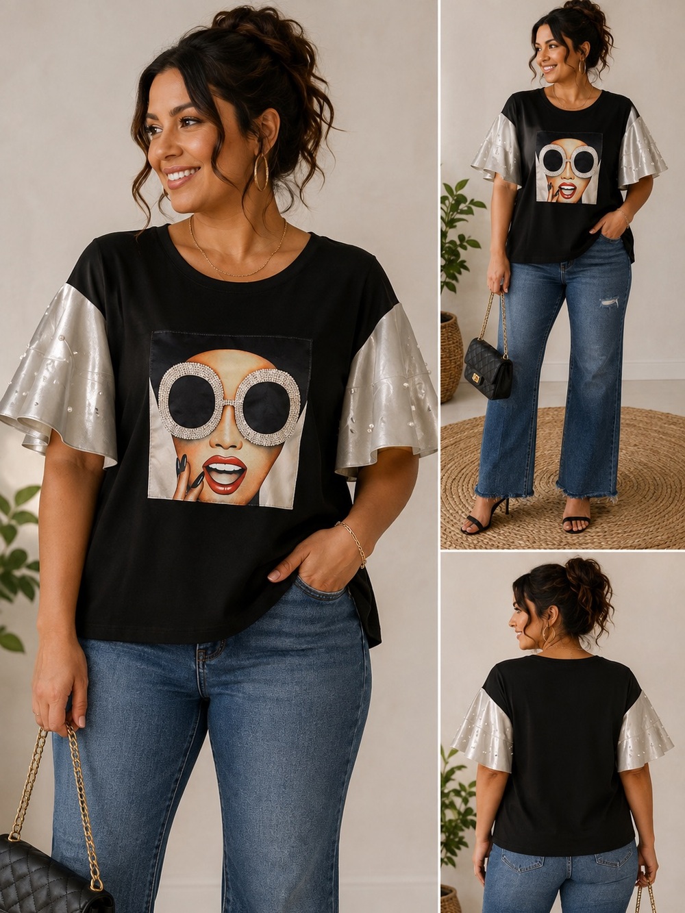 Black Graphic Tee with Silver Puff Pearl Sleeves